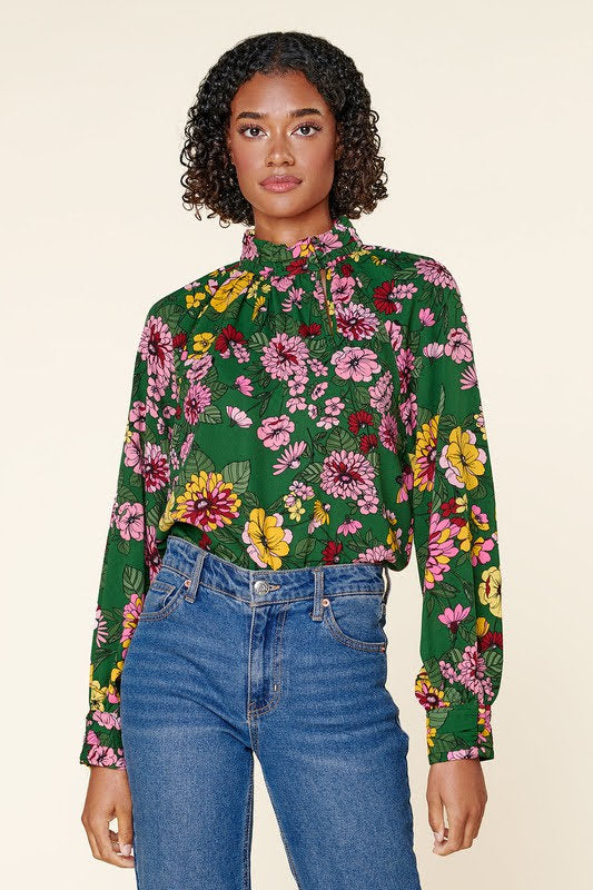 emerald green floral top, long-sleeves